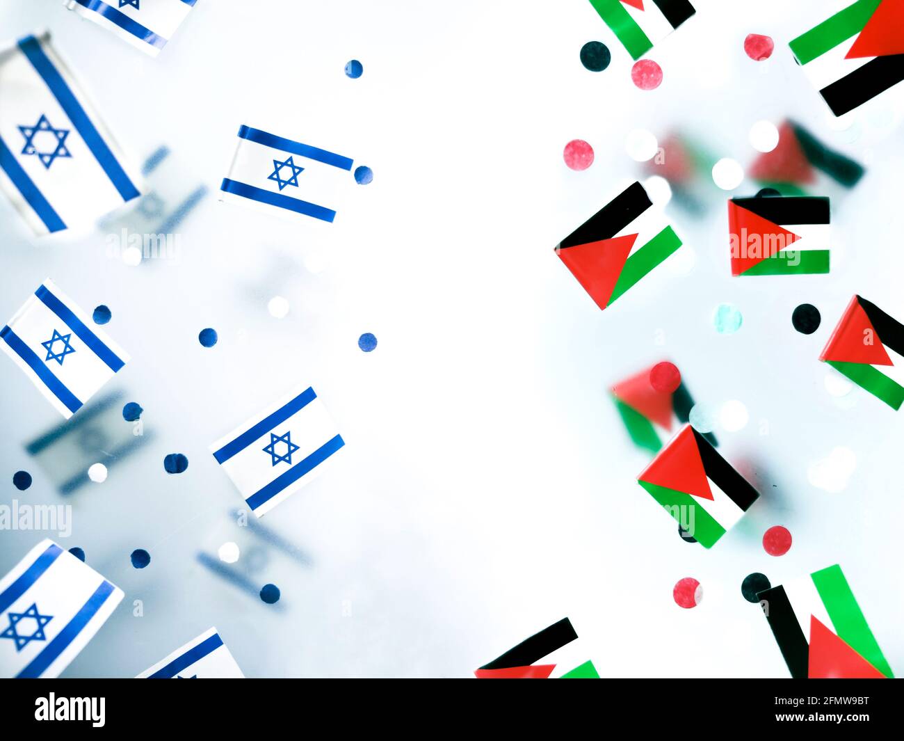 confrontation between Palestine and Israel. War and conflict. concept cooperation and independence. National flags on foggy background Stock Photo