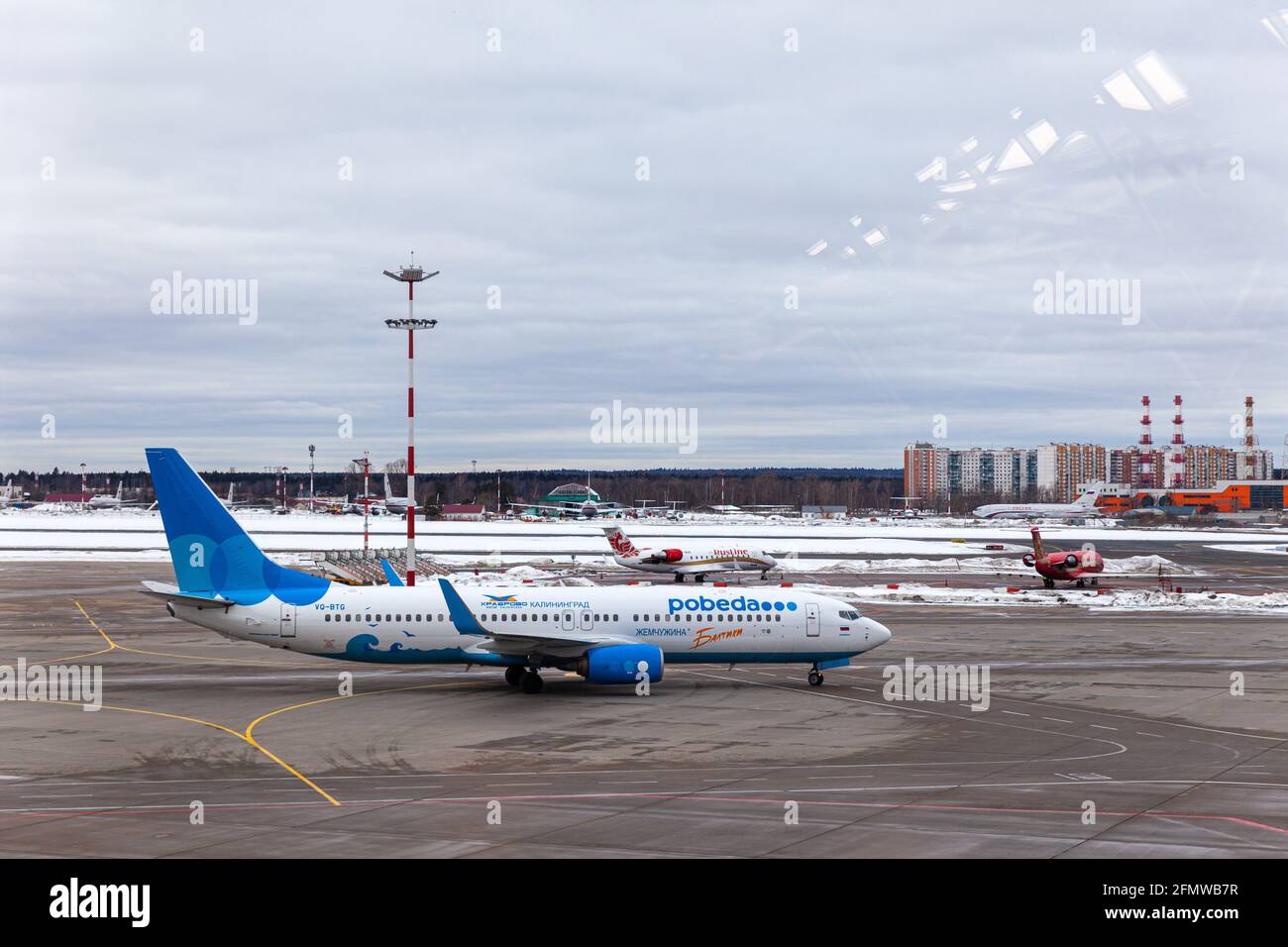 Russia Moscow 2021-03-01 Boeing 737 Pobeda Airlines russian company low cost price in airport Stock Photo