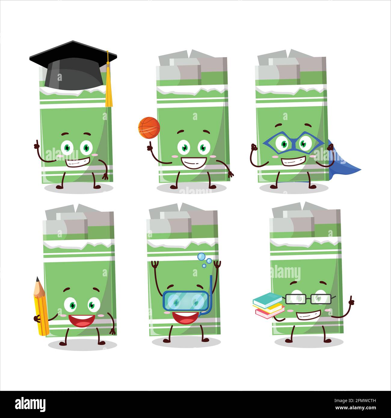 School student of green bubble gum cartoon character with various