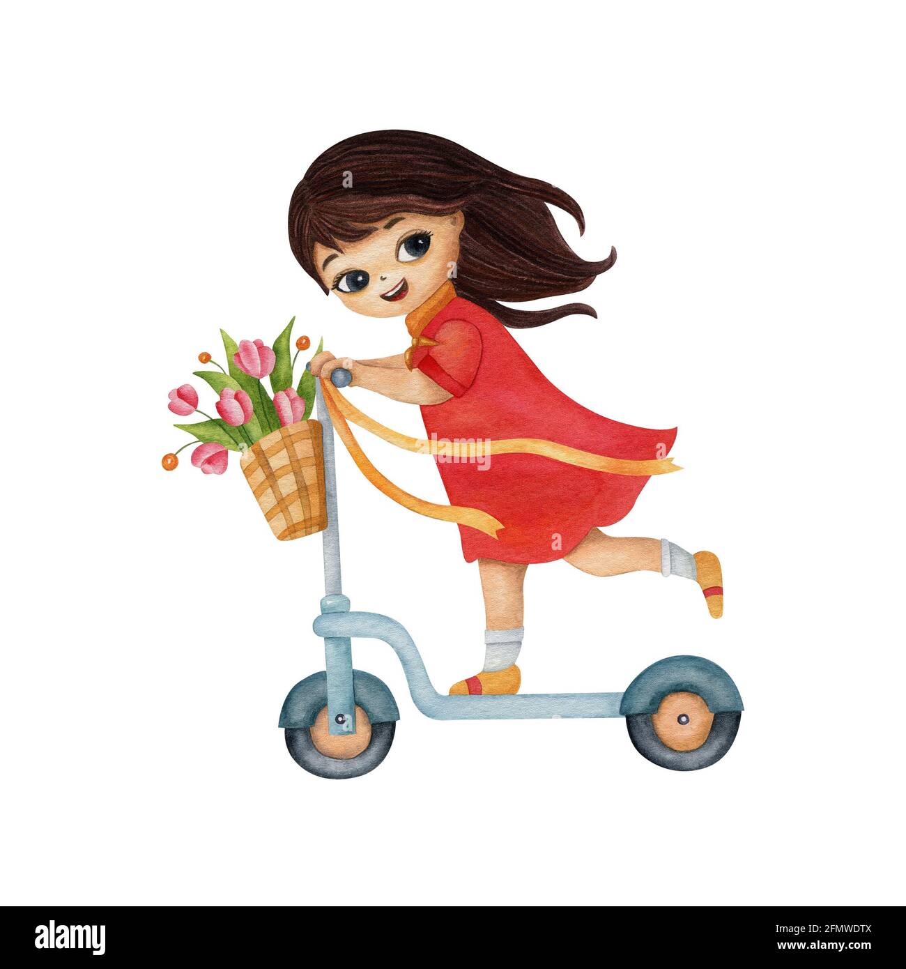 Watercolor illustration of girl in red dress on the scooter. Summer illustration isolated on light background. Stock Photo