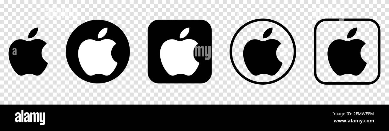 Vinnytsia, Ukraine - May 12, 2021: Set of Apple logos on transparent background Stock Vector