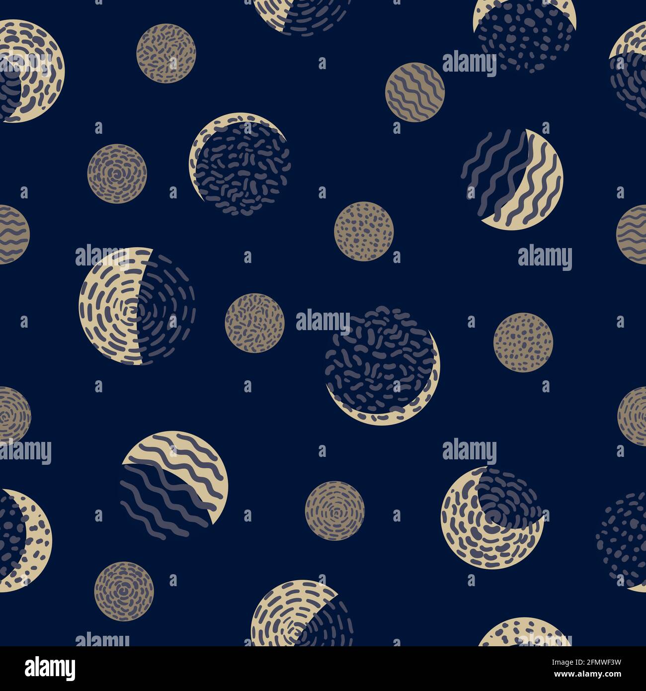 Moon phases. Crescent growth. Abstract seamless vector pattern. style, geometric motifs, hand drawn dotted elements. Golden on dark blue. Stock Vector