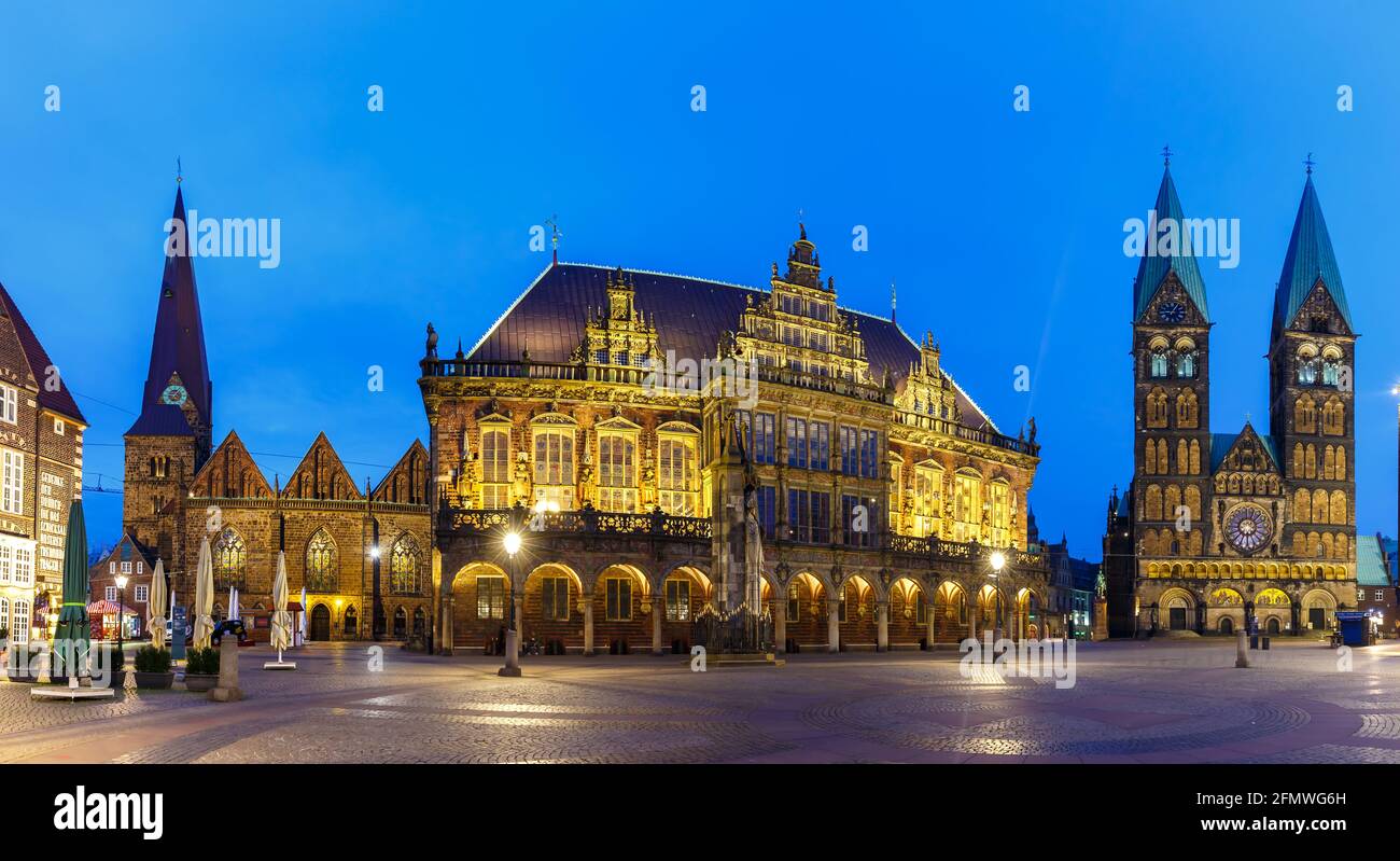 Bremen market square town hall Dom church Roland panoramic view in Germany at night blue hour landmark Stock Photo