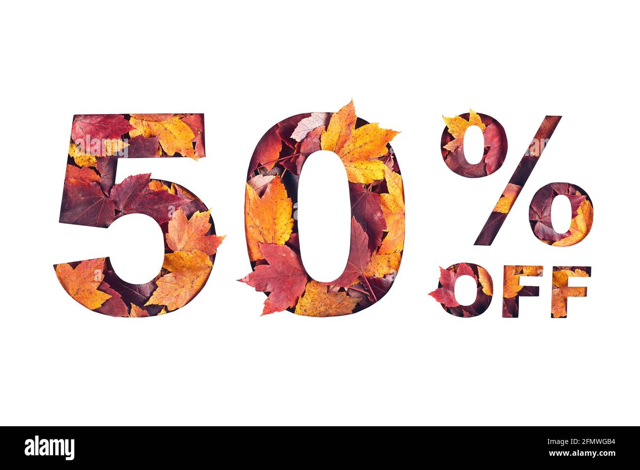 text 50 percent off filled with texture of red fall maple leaves Stock Photo