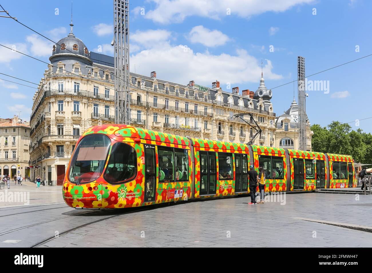 Montpellier, France - May 24, 2015: Tram Tramway de Montpellier public transport transit transportation at Comedie station in Montpellier, France. Stock Photo