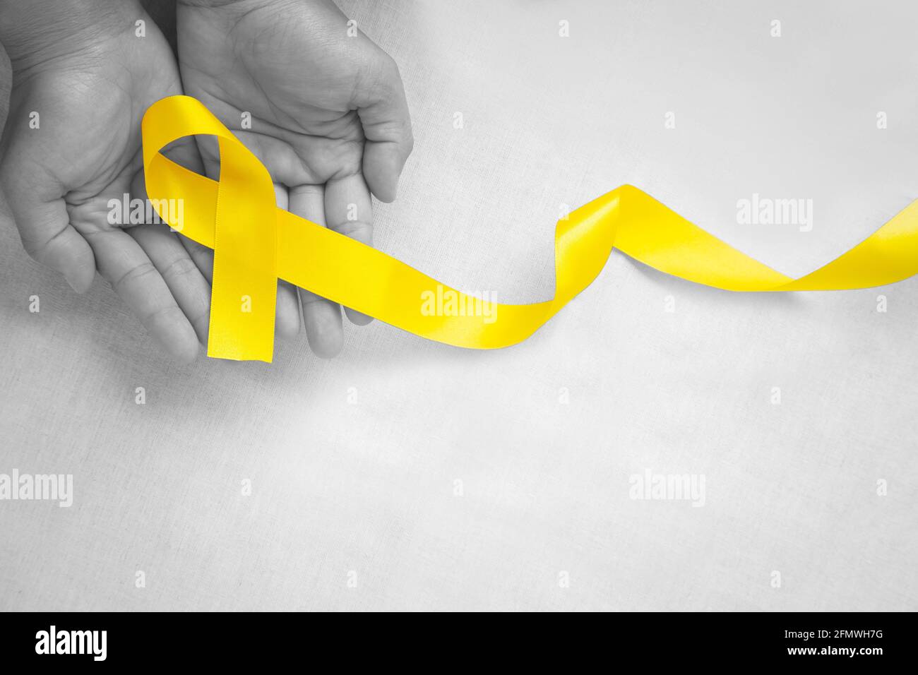 Hand holding Yellow ribbon on white background, copy space. Bone cancer, Sarcoma Awareness, childhood cancer, cholangiocarcinoma, gallbladder cancer, Stock Photo
