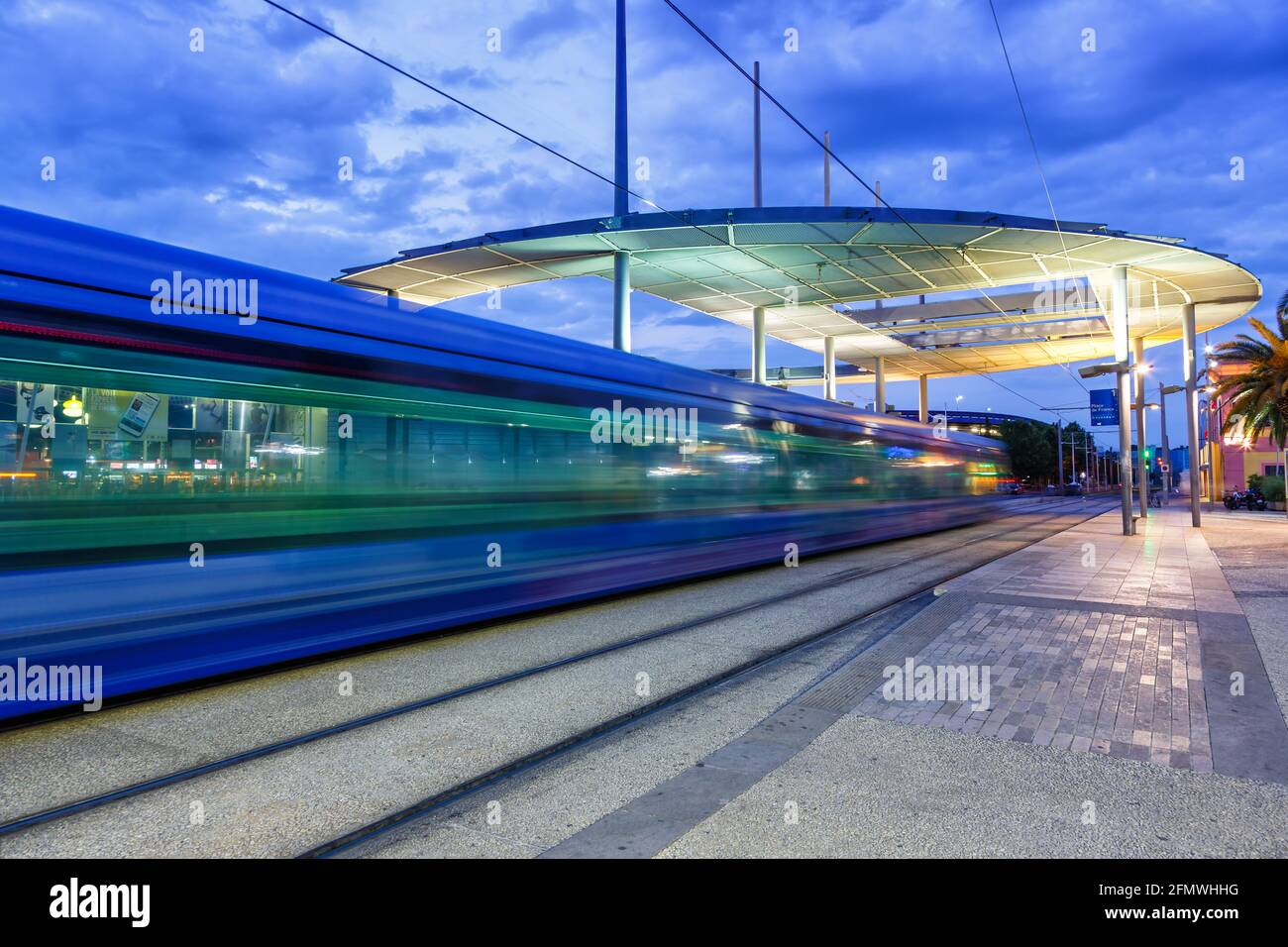Montpellier, France - May 24, 2015: Tram Tramway de Montpellier public transport transit transportation at Place de France station in Montpellier, Fra Stock Photo