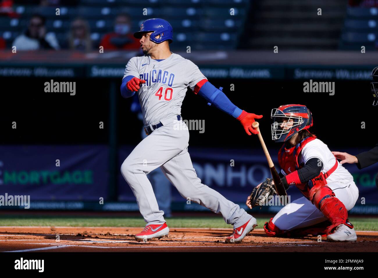 CLEVELAND, OH - MAY 11: Willson Contreras (40) of the Chicago Cubs singles to centerfield to drive in a run in the second inning of a game against the Stock Photo
