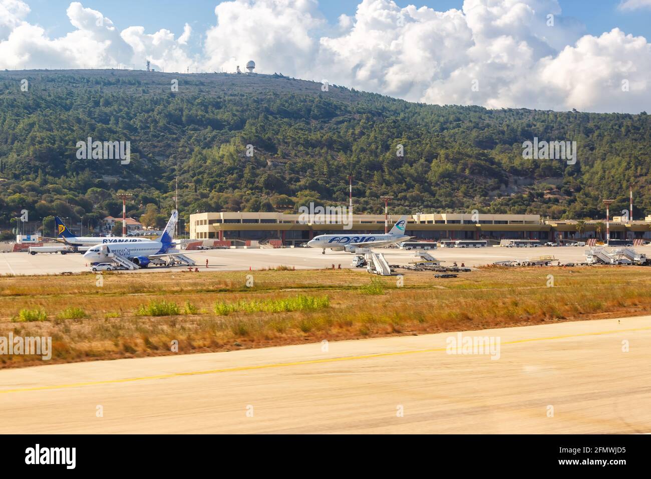 Rhodes, Greece - September 14, 2018: Airplanes at Rhodes Airport (RHO) in Greece. Stock Photo