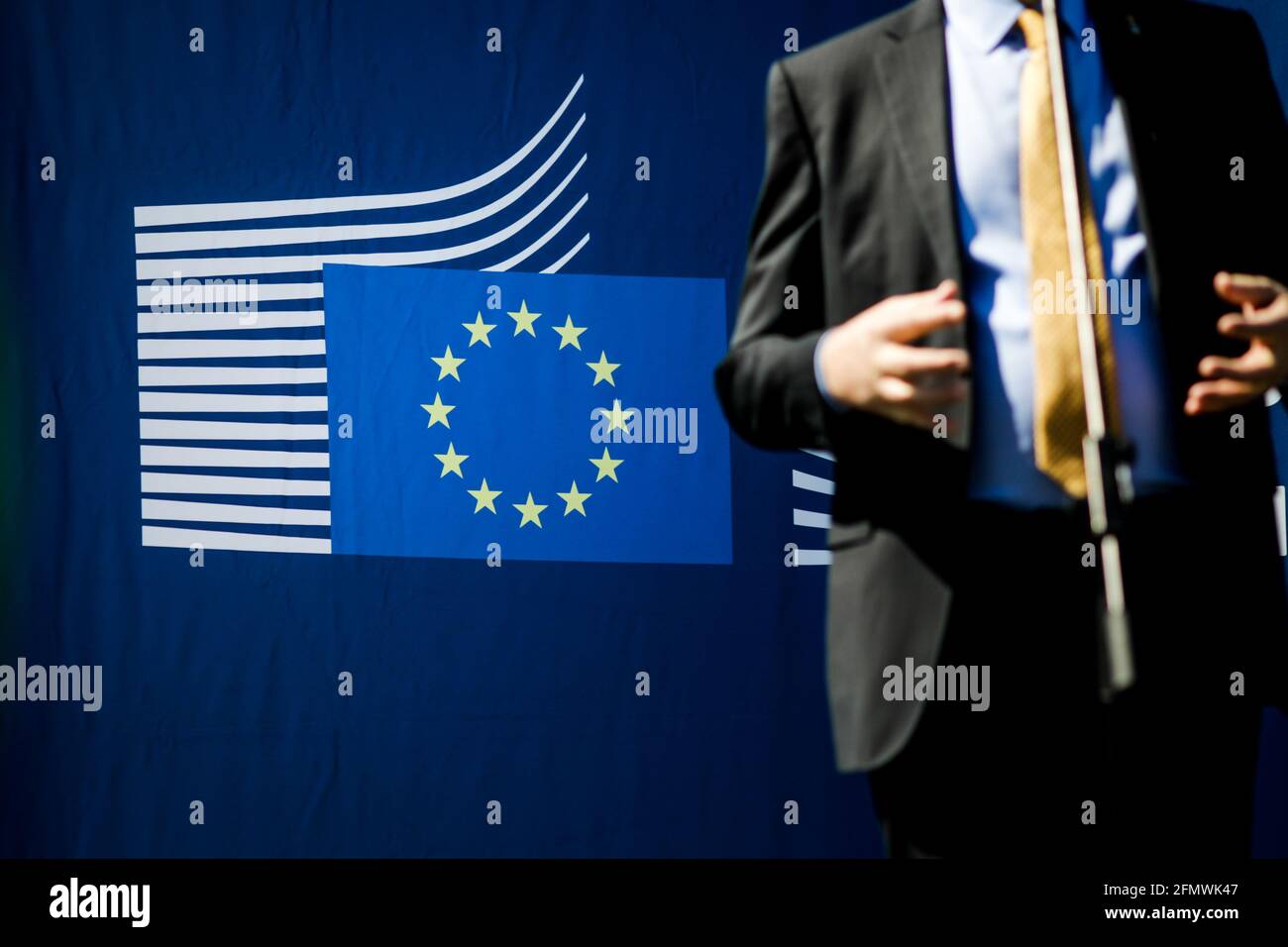 Bucharest, Romania - May 9, 2021: Details with the European Commission logo on the background while a politician holds a speech during Europe Day, on Stock Photo