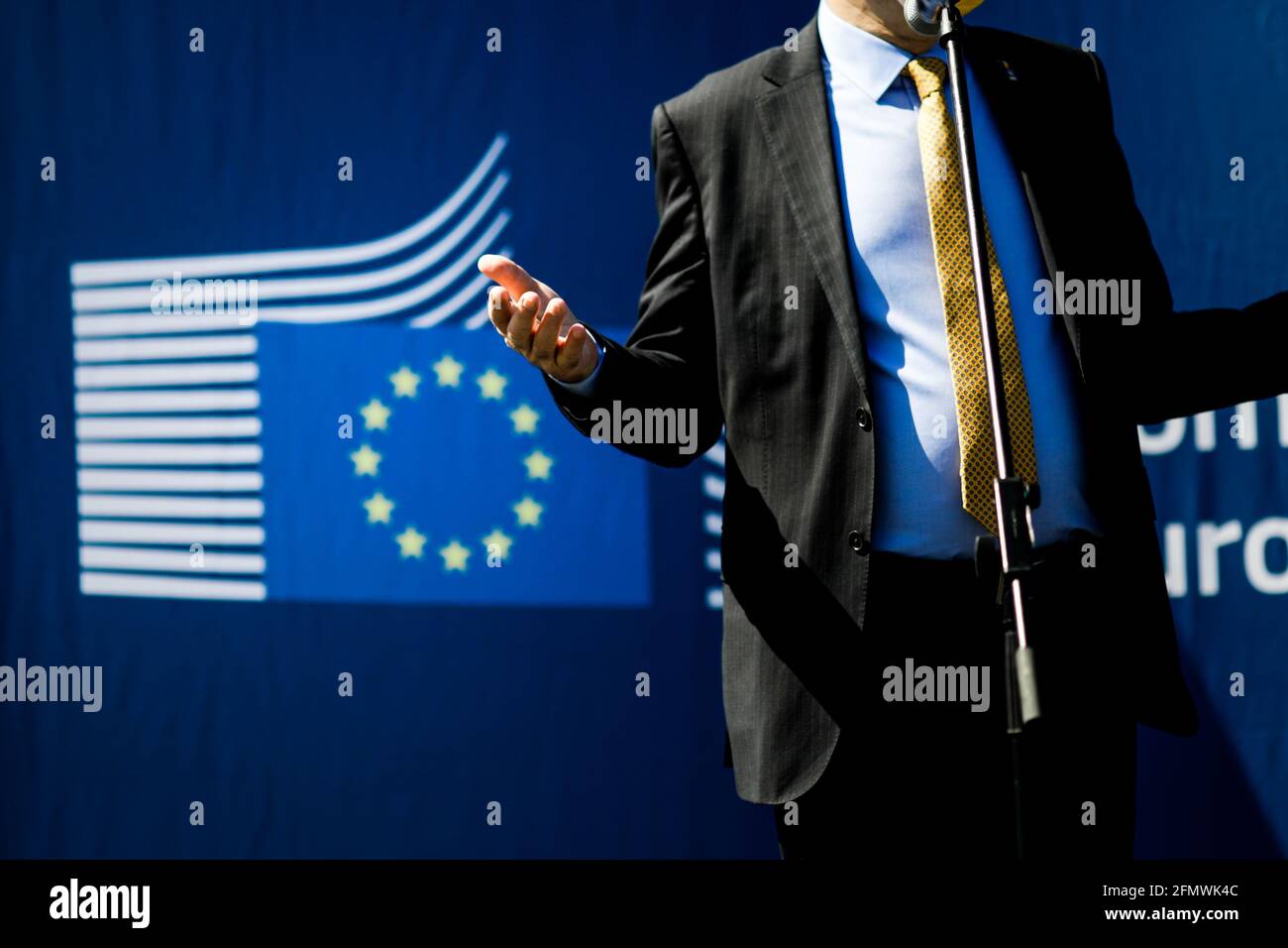 Bucharest, Romania - May 9, 2021: Details with the European Commission logo on the background while a politician holds a speech during Europe Day, on Stock Photo