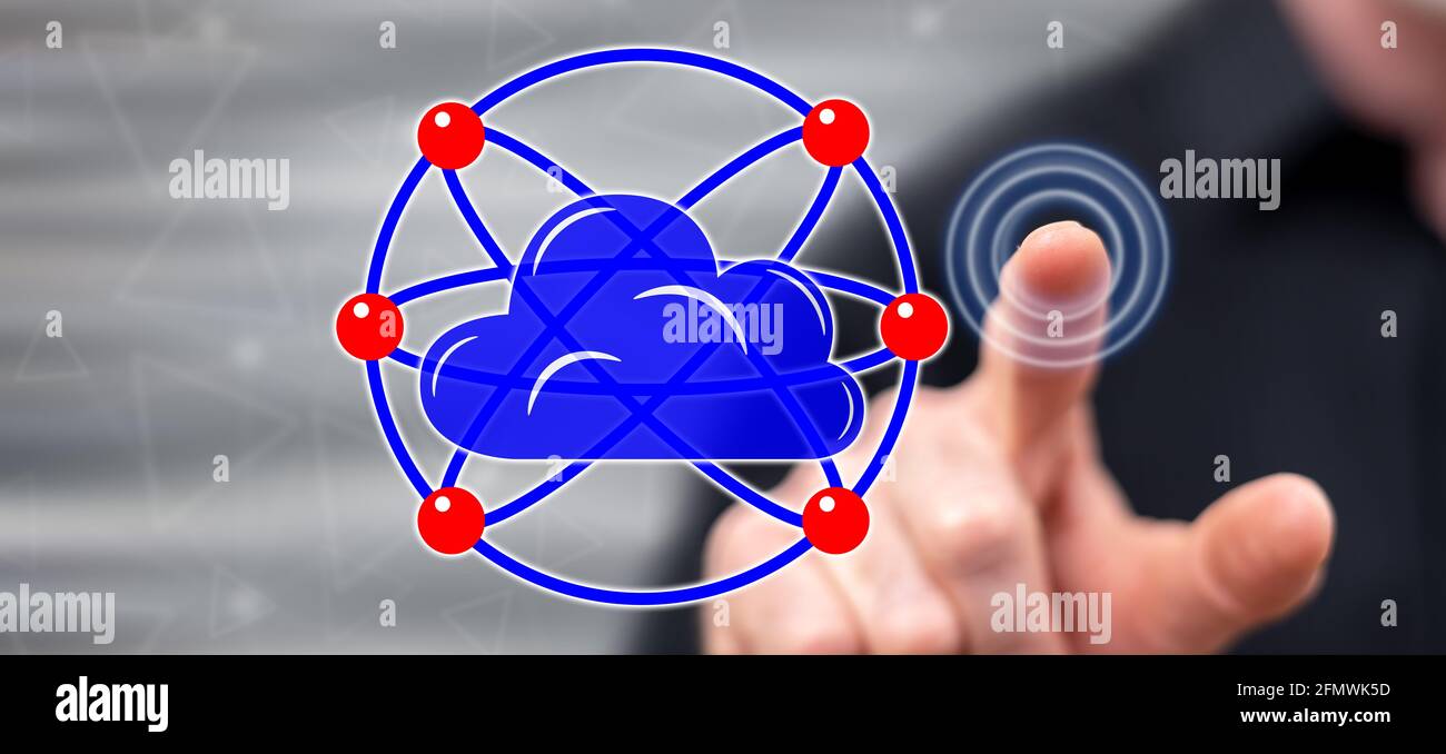 Man touching a cloud networking concept on a touch screen with his ...