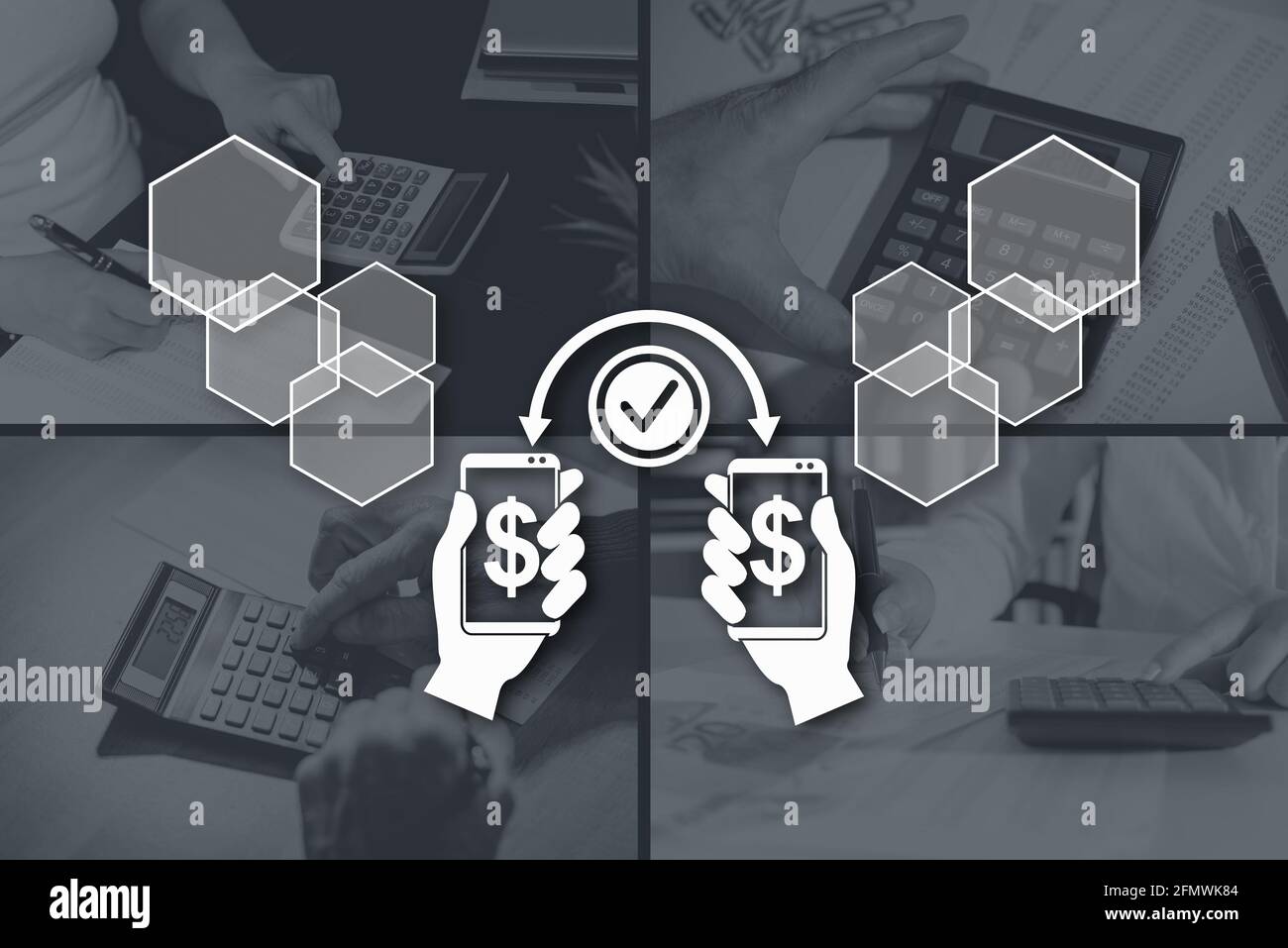 Money transfer concept illustrated by pictures on background Stock ...