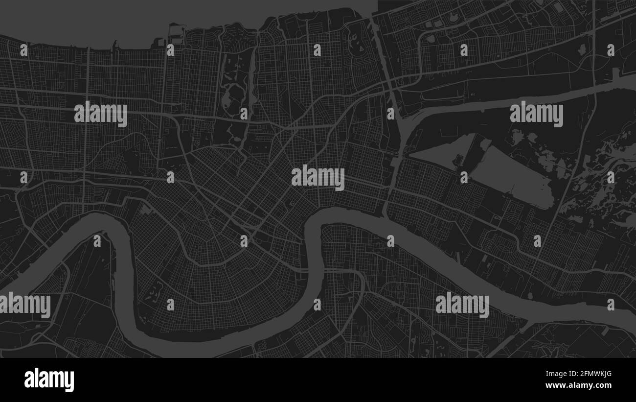Black and dark grey New Orleans city area vector background map, streets and water cartography illustration. Widescreen proportion, digital flat desig Stock Vector