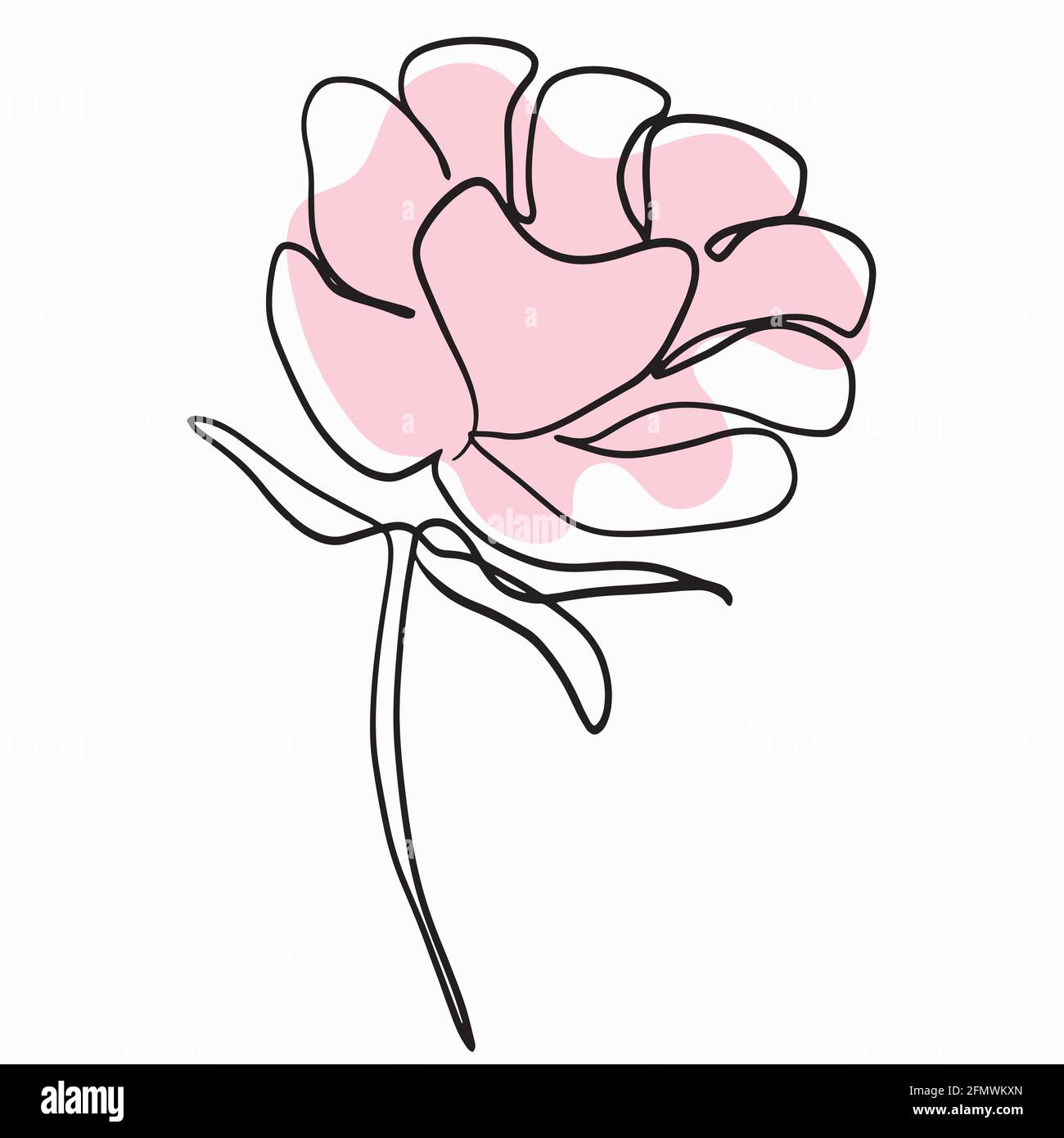 One line flower. Vector. Solid black line and pink spot. Stock Vector