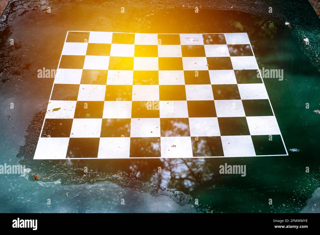 empty wet chessboard after a storm in the park Stock Photo