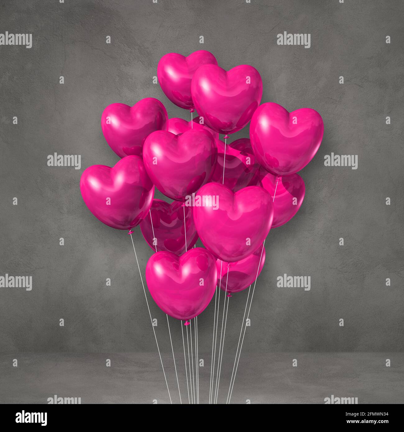 Pink heart shape balloons bunch on a grey wall background. 3D ...