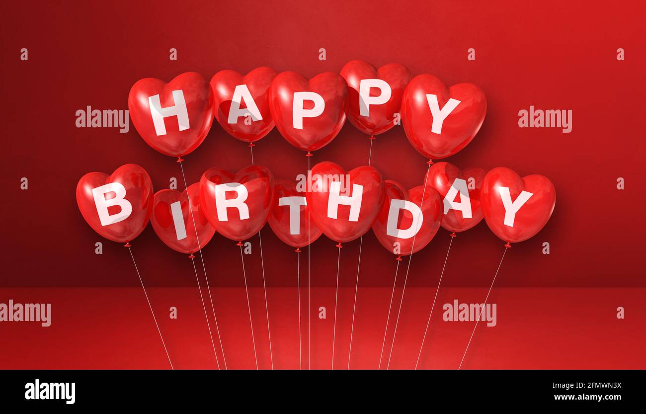Happy birthday heart shape air balloons on a red background scene ...