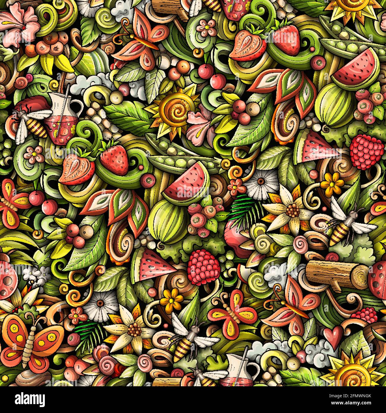 Cartoon doodles Summer seamless pattern. Stock Vector