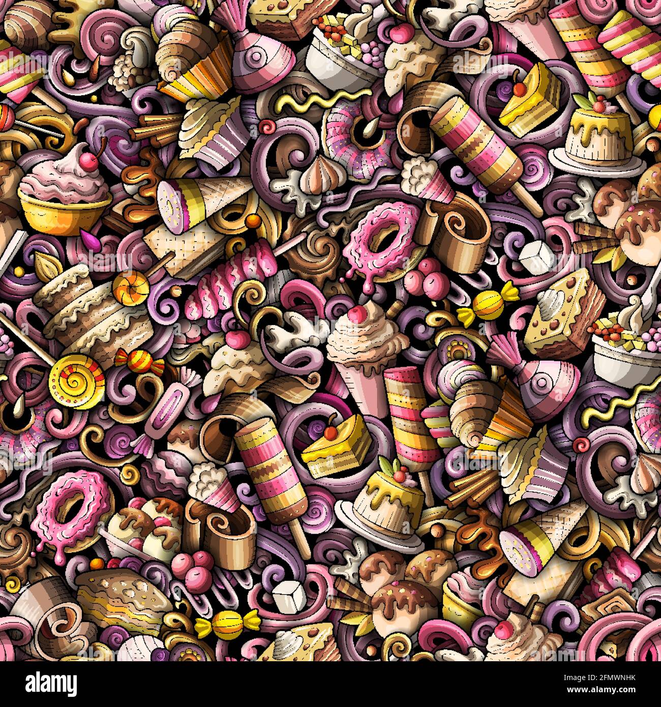 Cartoon doodles Desserts seamless pattern. Stock Vector