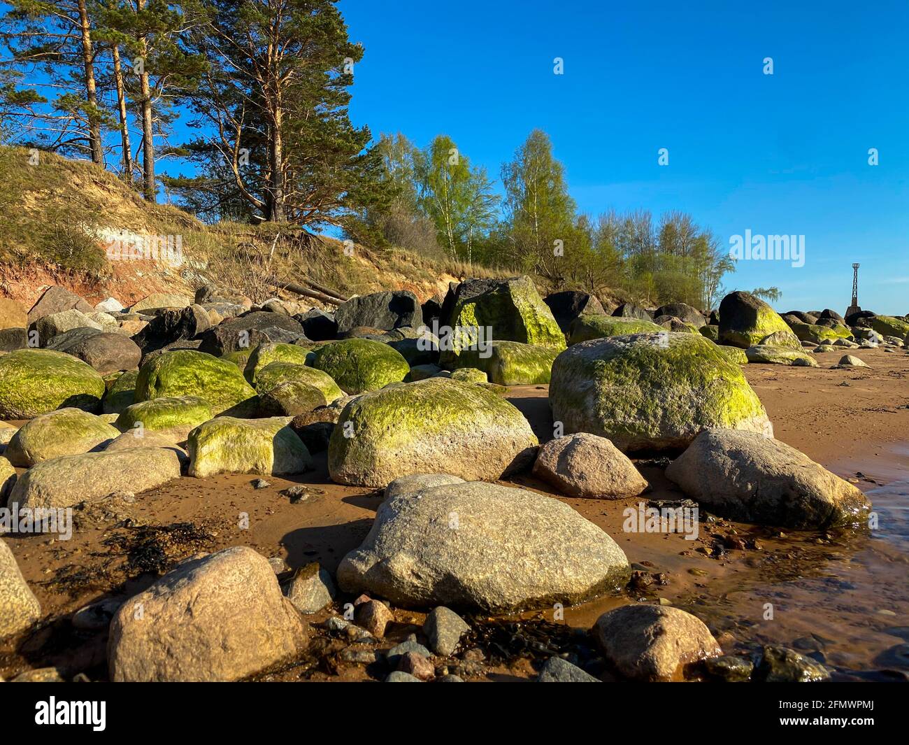 Large rocks on the shore of the sea beach with green water-grass color on the rocks. in the distance you can see an old abandoned lighthouse. Stock Photo