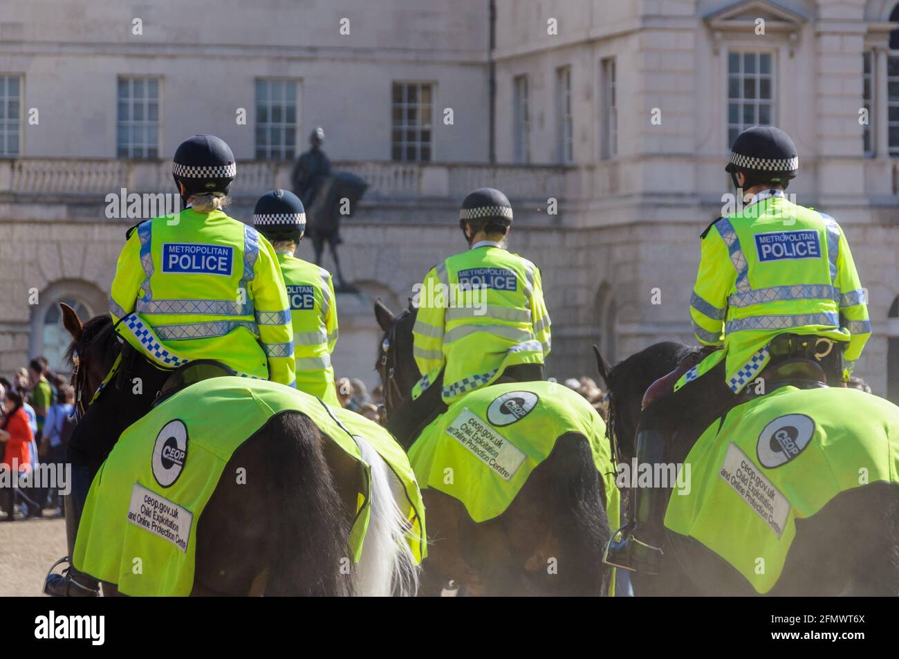 Four mounted police officers at Horse Guard Parade in London, England, UK Stock Photo