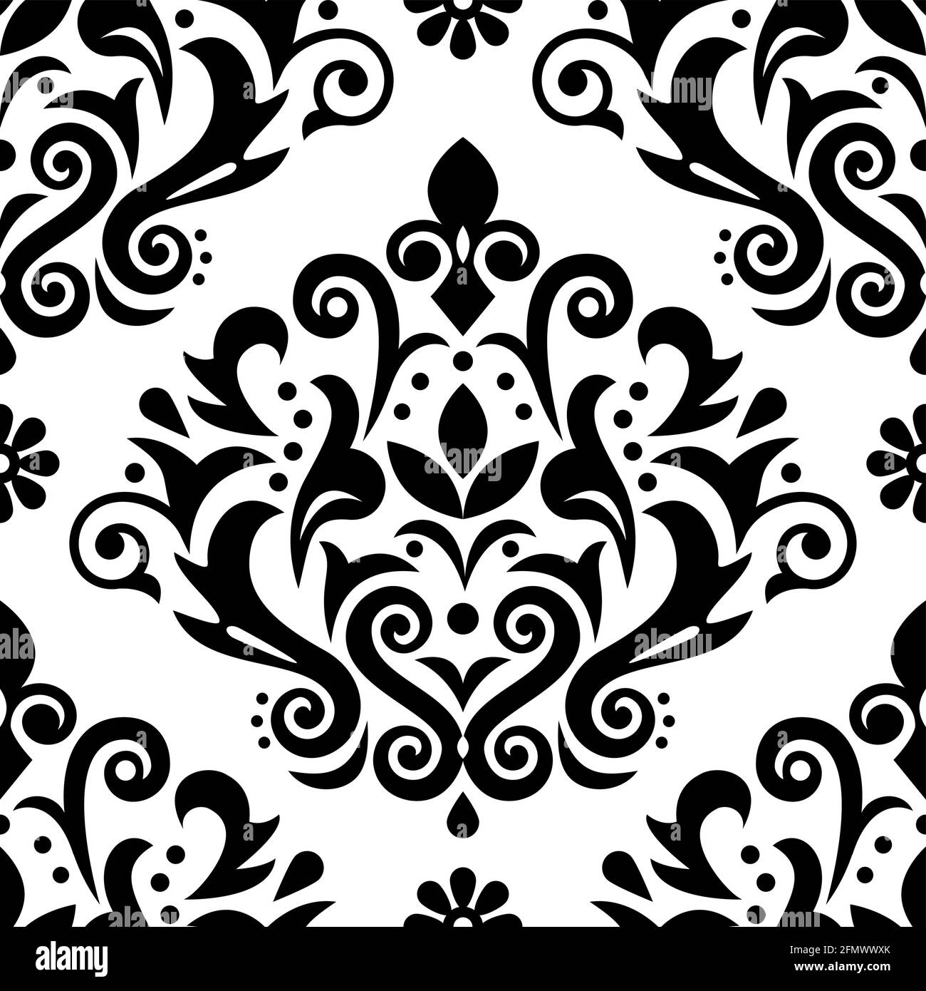 Damask luxury vector seamless pattern, victorian black and white textile or fabric print design with flowers, swirls and leaves Stock Vector