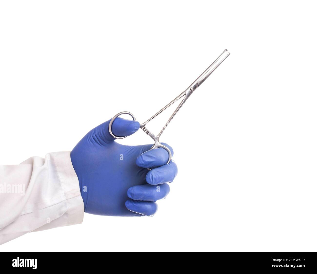 Doctor holds surgical scissors in his hand on a white background ...