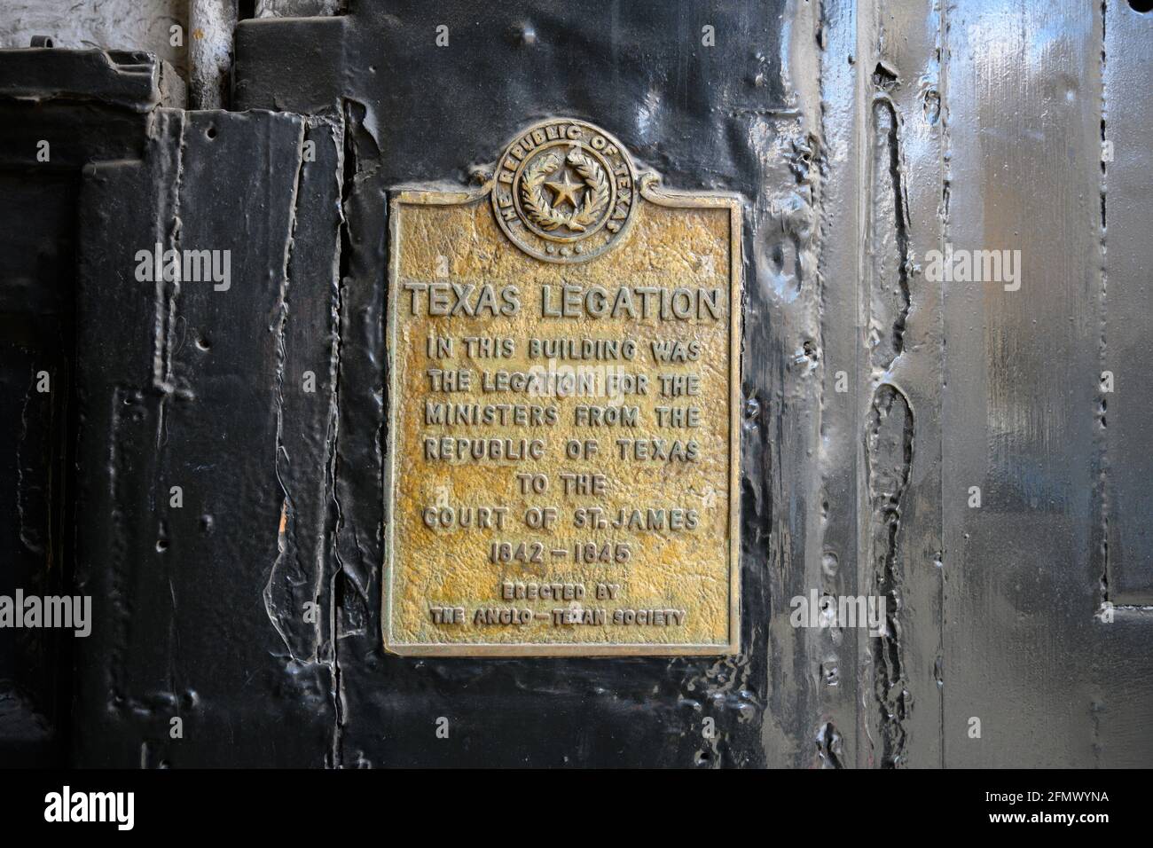 Historic Texas Legation plaque in Pickering Place, City of Westminster, London UK. 12 May 2021. Stock Photo
