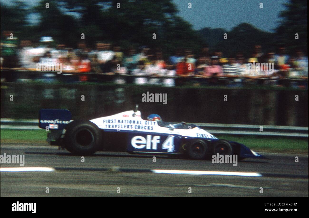 Patrick Depailler at speed in the six-wheeled Tyrrell P34 during practice  for the 1977 British Grand Prix, Silverstone Stock Photo - Alamy