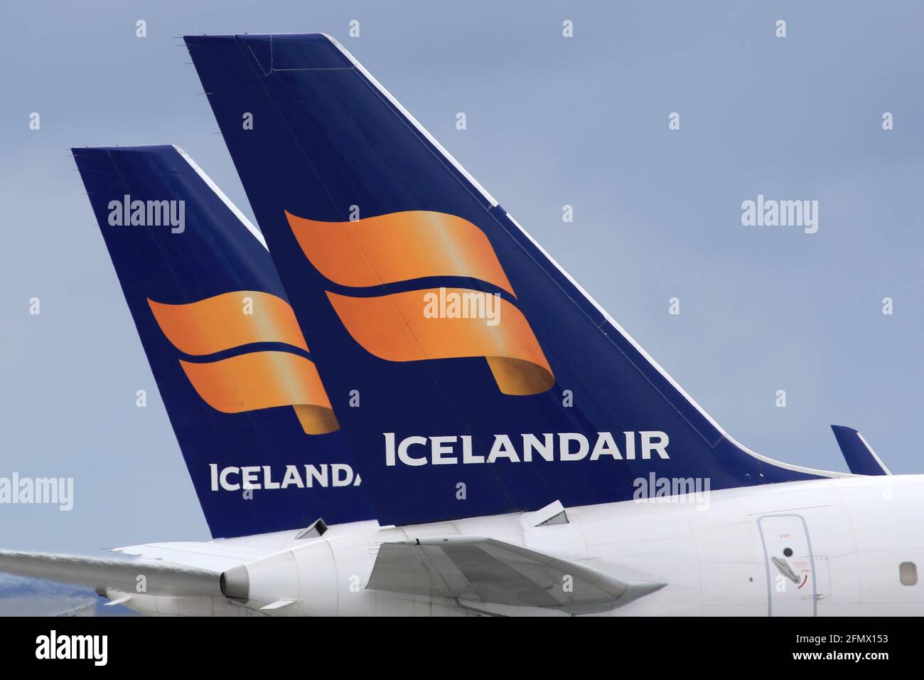 Reykjavik, Iceland – 02. July 2017: Icelandair Boeing tails at Keflavik airport (KEF) in Iceland. Boeing is an aircraft manufacturer based in Seattle, Stock Photo