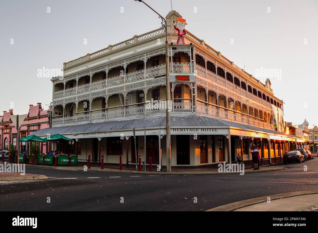 Rockhampton, Qld, Australia - 24 December 2014. The historic Heritage Hotel, built in 1898, is a balconied hotel with prominent iron lace decorations. Stock Photo