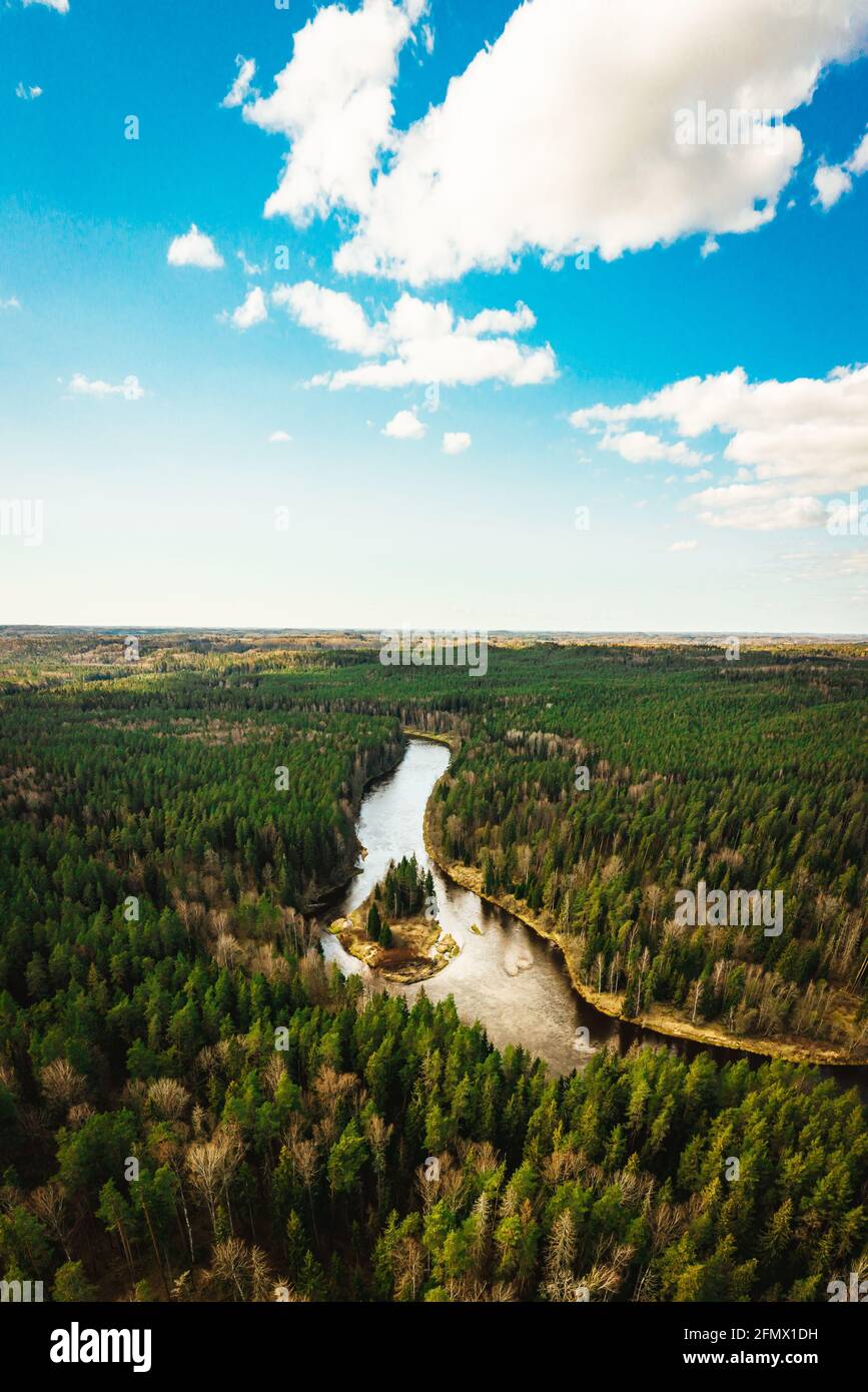 Vertical aerial view on wild forest river curve with a small island ...