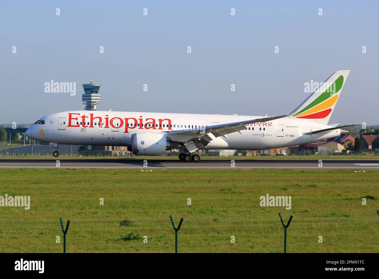 Brussels, Belgium – 10. May 2017: Ethiopian Airlines Boeing 787 Dreamliner at Brussels airport (BRU) in Belgium. Boeing is an aircraft manufacturer ba Stock Photo