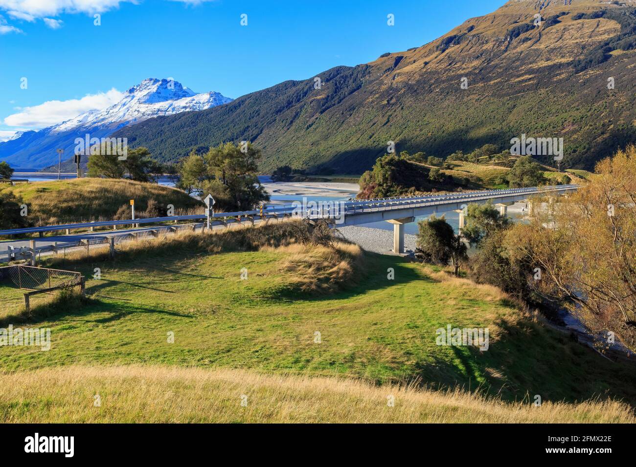 A bridge over the Dart River in the South Island of New Zealand Stock