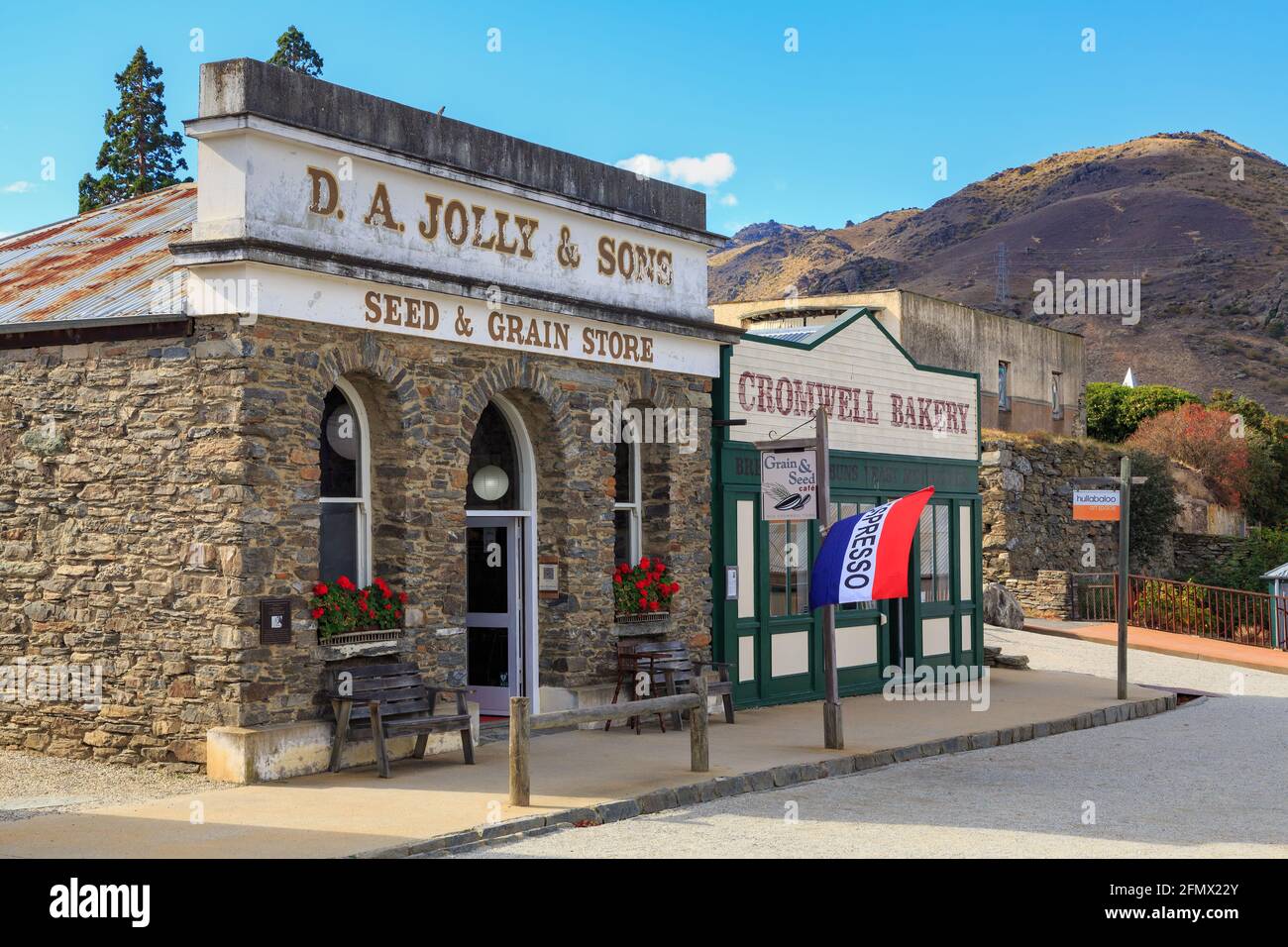 Historic 19th century buildings from the gold rush era in the Cromwell Heritage Precinct, a tourist attraction in Cromwell, New Zealand Stock Photo