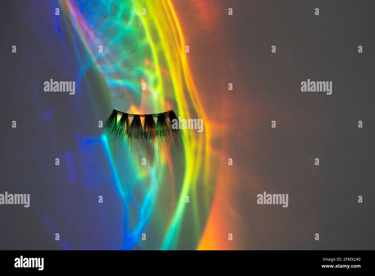 Fake eye lashes in a rainbow water reflection on a gray paper background Stock Photo