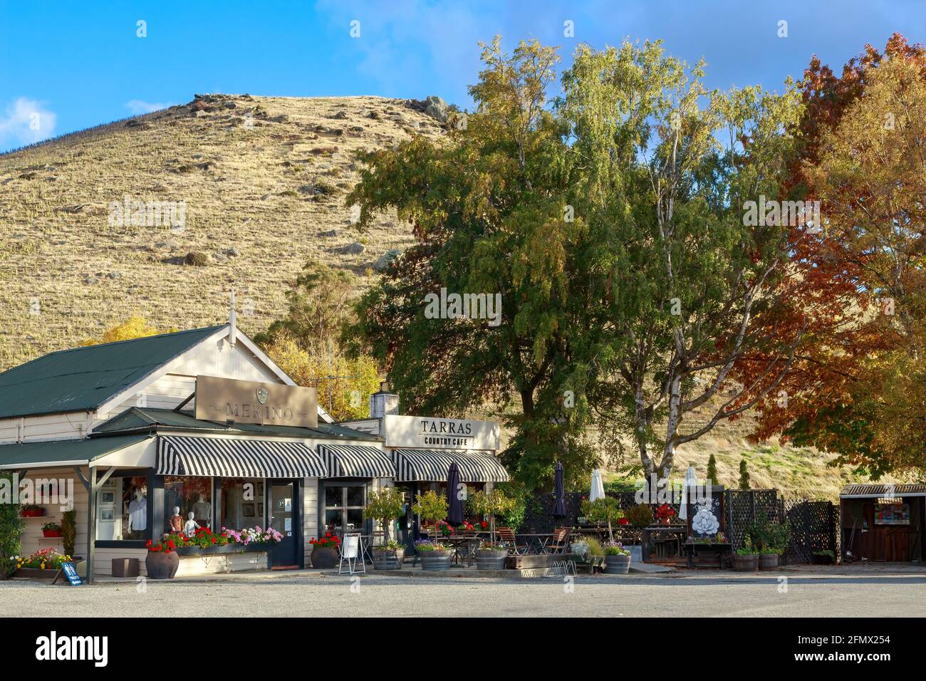 The small village of Tarras in the Central Otago District, South Island, New Zealand, in autumn. 'The Merino Shop', a clothing store, and a cafe Stock Photo