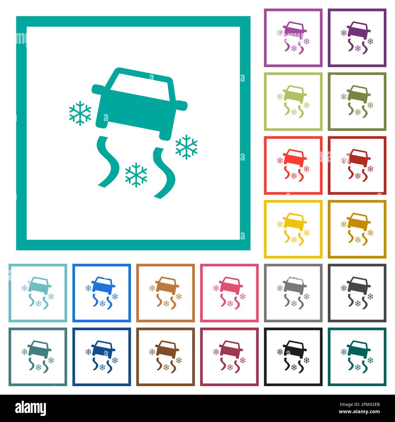 Snowy road dashboard indicator flat color icons with quadrant frames on ...