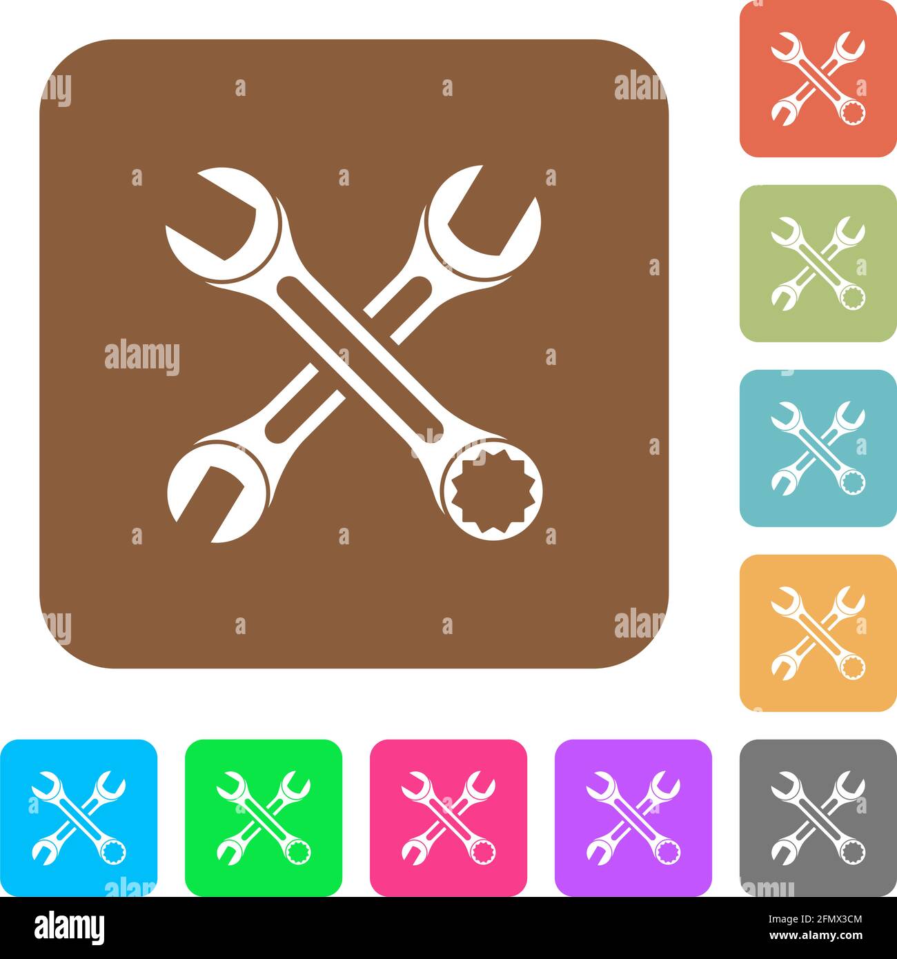 Two wrenches flat icons on rounded square vivid color backgrounds. Stock Vector
