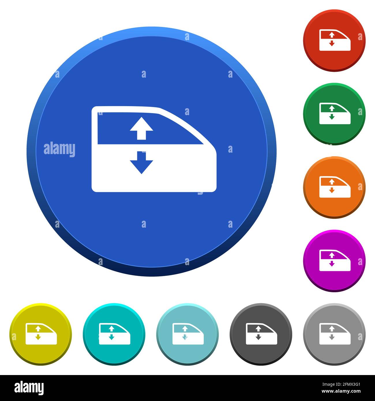Car electric window winder round color beveled buttons with smooth surfaces and flat white icons Stock Vector