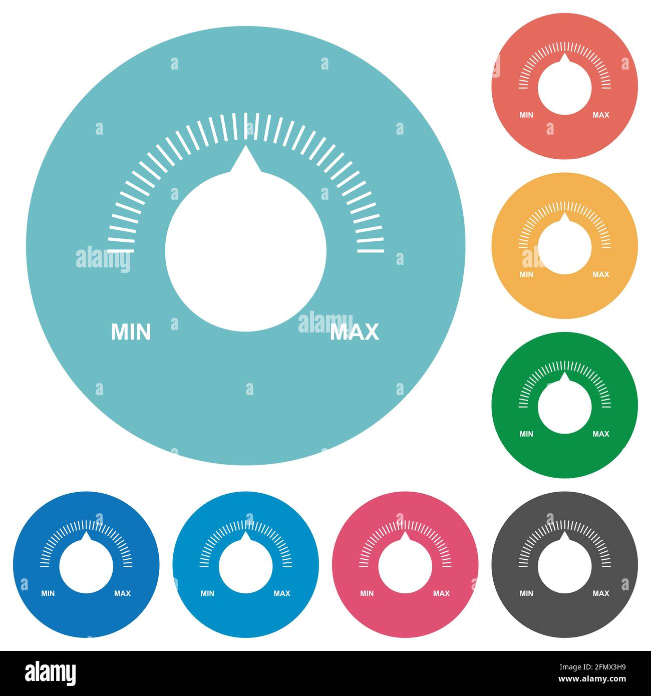 Volume control with captions flat white icons on round color ...