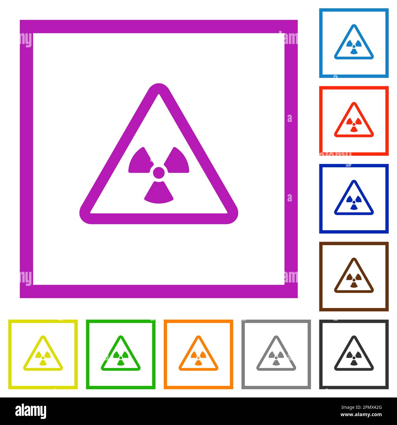 Nuclear warning flat color icons in square frames on white background ...