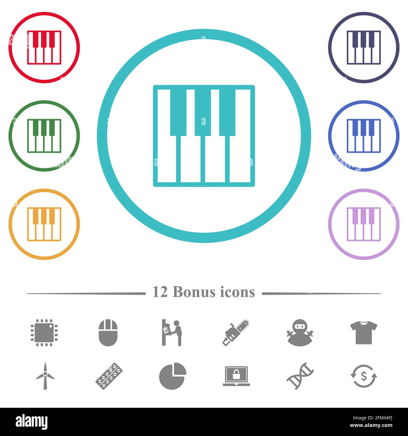 Piano keyboard flat color icons in circle shape outlines. 12 bonus ...