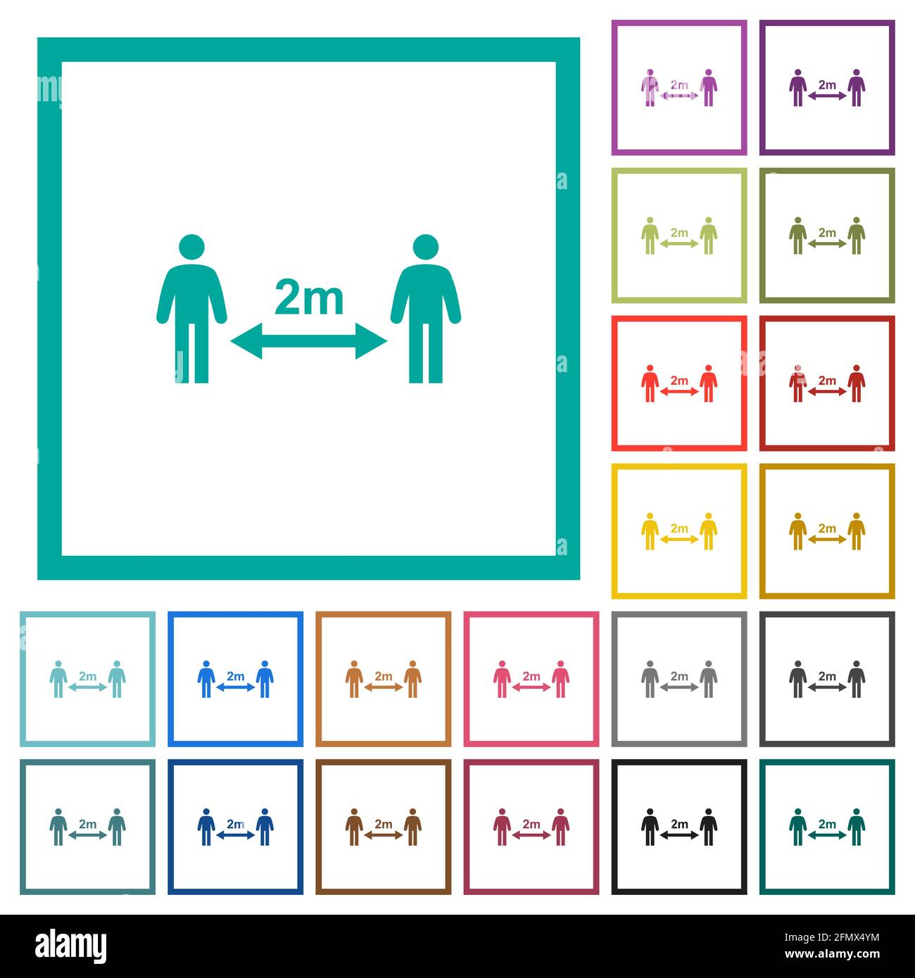 Social distancing 2 meters flat color icons with quadrant frames on ...