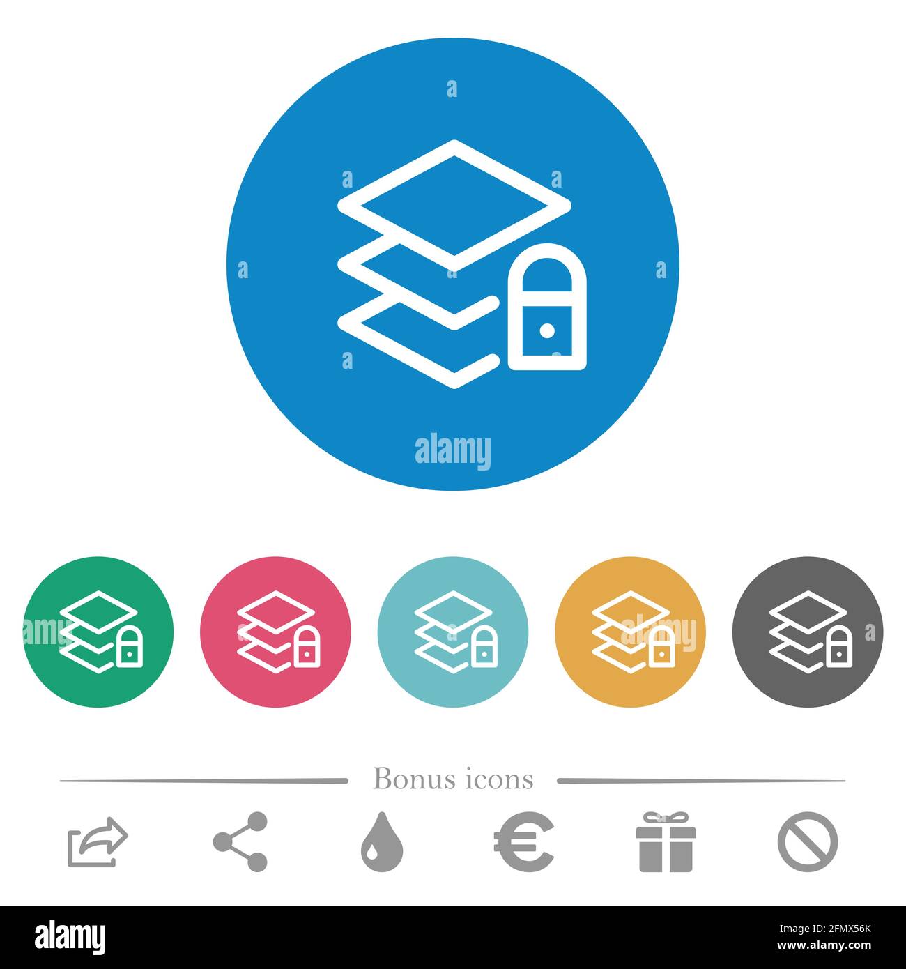 Locked layers flat white icons on round color backgrounds. 6 bonus ...
