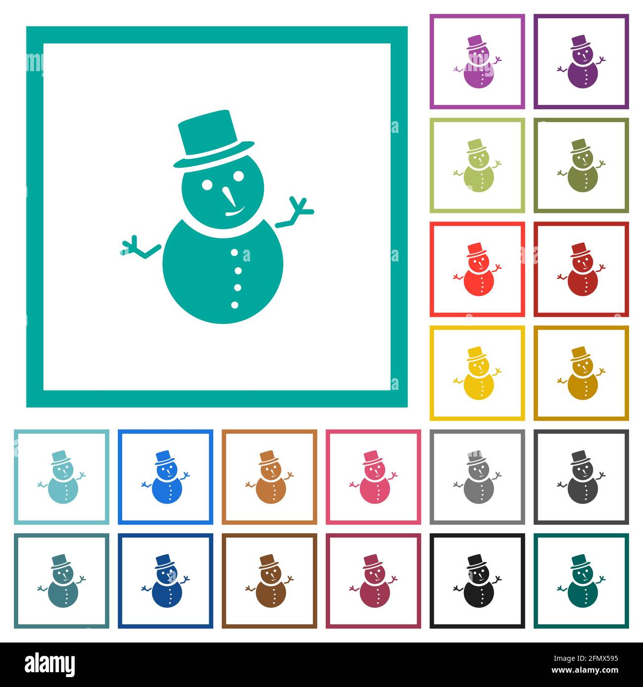 Snowman flat color icons with quadrant frames on white background Stock Vector
