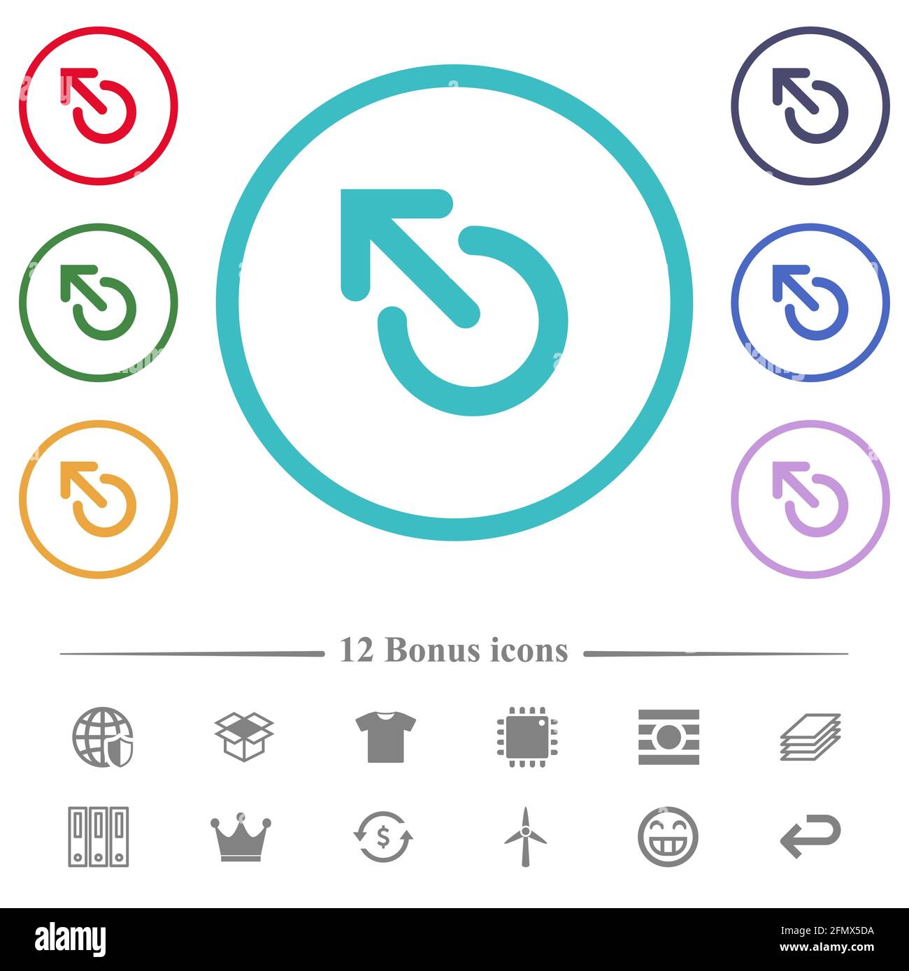 Media eject flat color icons in circle shape outlines. 12 bonus icons ...