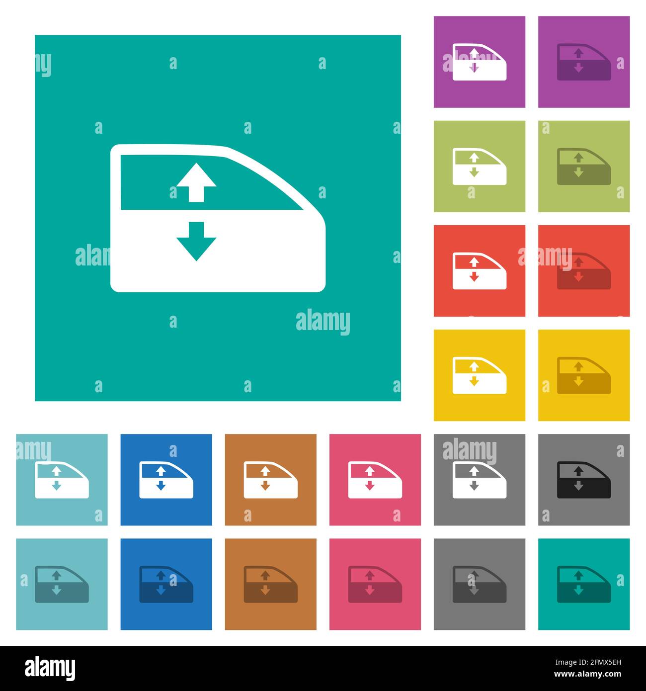 Car electric window winder multi colored flat icons on plain square backgrounds. Included white and darker icon variations for hover or active effects Stock Vector