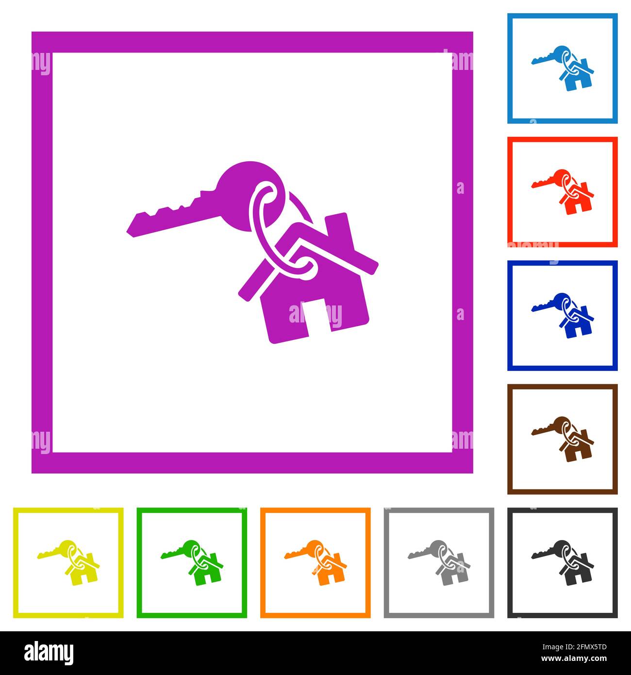 Key and house on keyring flat color icons in square frames on white ...